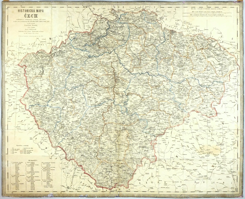 Historická mapa Čech - Palacký, Kalousek, 1847, Praha, 1876