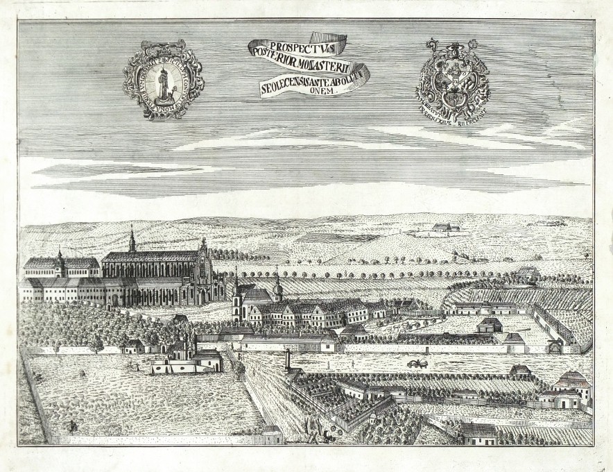 Klášter Sedlec - Prospectus posterior Monasterii Sedlecensis ante aboliti onem, mědirytina, 1785