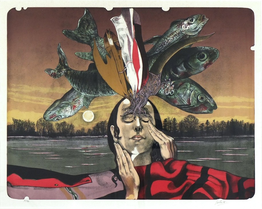 Josef Liesler, Sen o rybách, barevná litografie, 1985