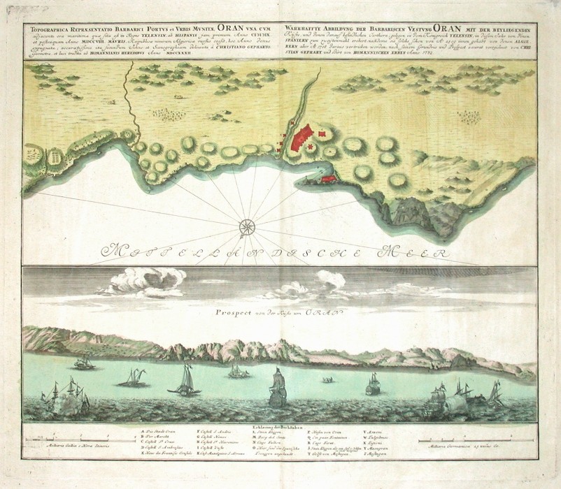 Wahran, Alžírsko - Topographica Repraesentatio Barbarici Portus et Urbis Munitae Oran, mědirytina, mapa, Homann, 1732 - Staré mapy na prodej