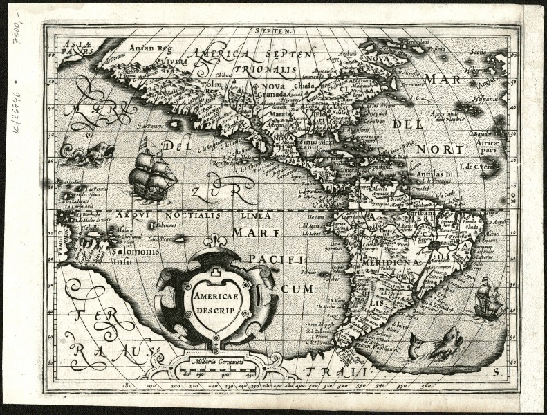 America - Americae Descrip., copperplate map, Mercator, Hondius, Atlas Minor, 1607