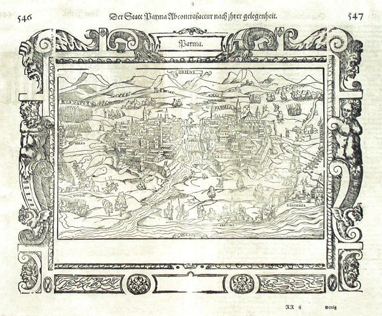 Parma - Der Statt Parma Abcontrafactur, woodblock, Münster, 1580 - Old maps for sale