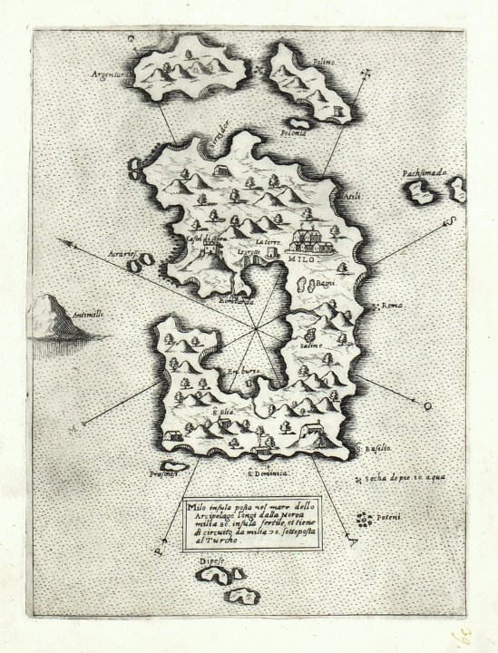 Milos, Griechenland - Milo insula, Kupferstich Karte, Camocio, Isole Famose, 1571