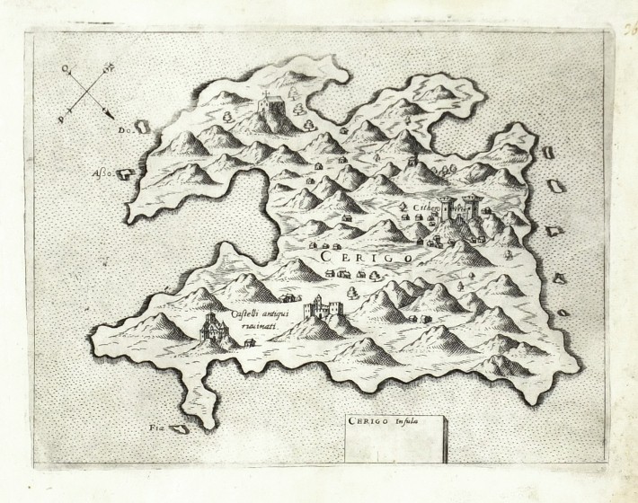 Kythira, Greece - Cerigo Insula, copperplate map, Camocio, Isole Famose, 1571