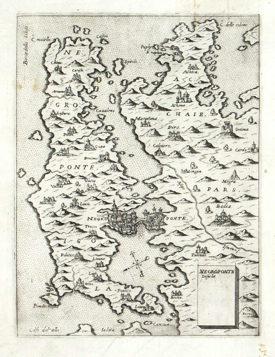 Euboea - Negroponte Insula, copperplate map, Camocio, Isole Famose, 1571