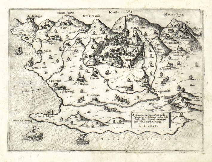 Bar (Montenegro) - Antivari cita, Kupferstich Karte, Camocio, Isole Famose, 1571