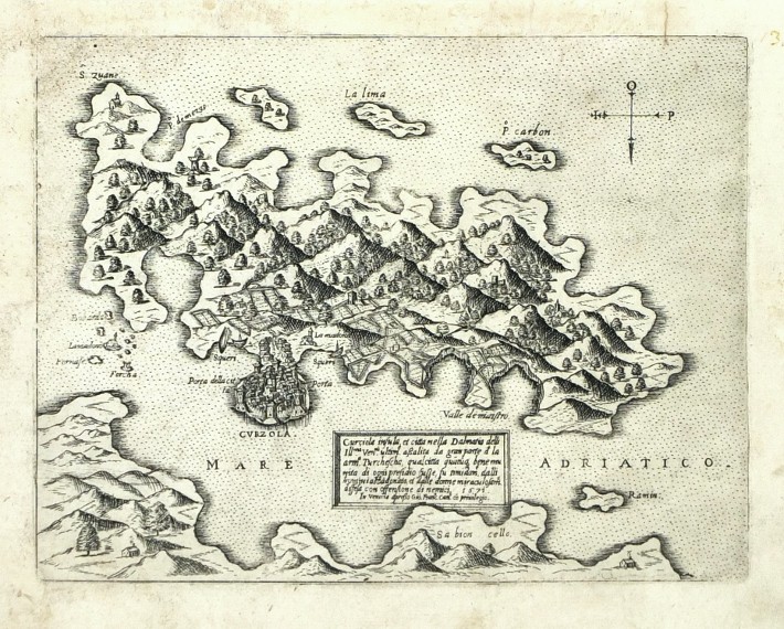Korcula, Kroatien, Curciola insula, Kupferstich Karte, Camocio, Isole Famose, 1571