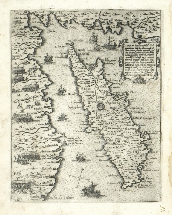 Cyprus - Cipro insula, copperplate map, Camocio, Isole Famose, 1571