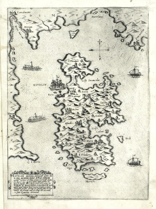 Lesbos, Metelin Mitilene, Kupferstich Karte, Camocio, Isole Famose, 1571