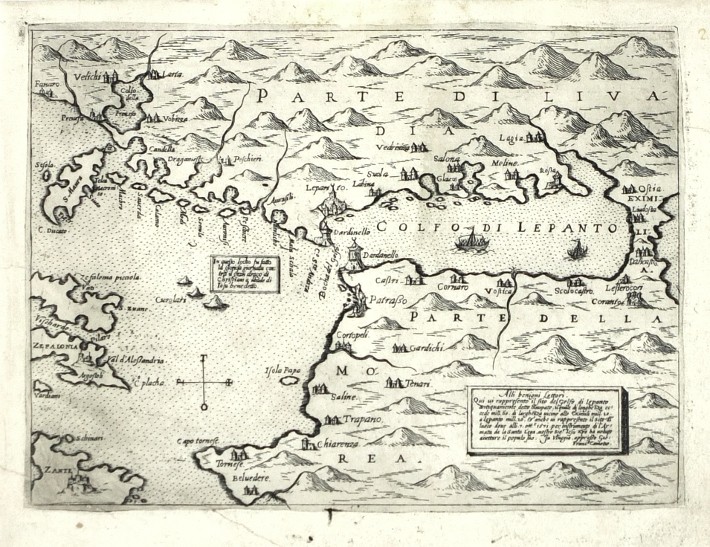 Gulf of Corinth, Golfo di Lepanto, copperplate map, Camocio, Isole Famose, 1571