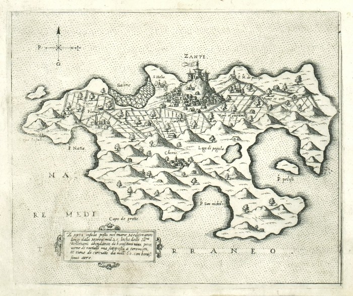 Zakynthos, Zante insula, copperplate map, Camocio, Isole Famose, 1571