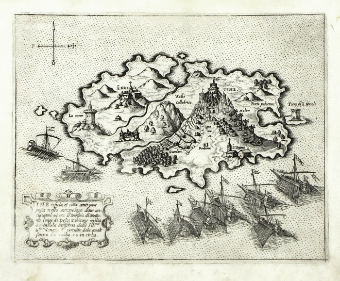 Tinos, Griechenland - Tine insula, Kupferstich Karte, Camocio, Isole Famose, 1571