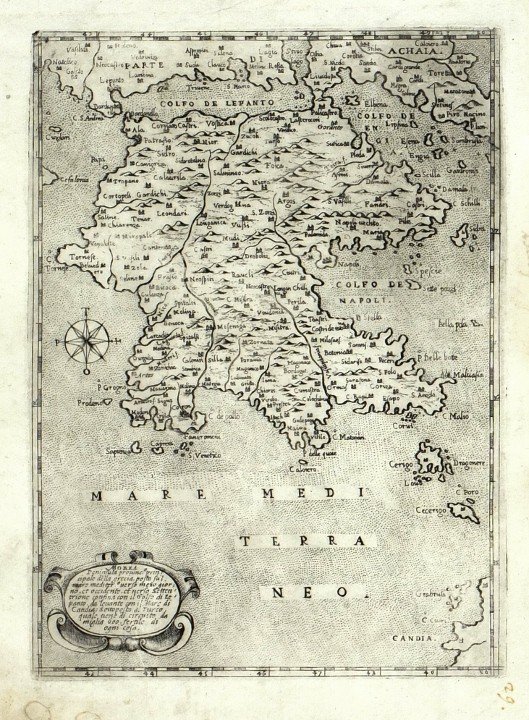 Peloponés, Řecko, Morea Peninsula, mědirytina, mapa, Camocio, Isole Famose, 1571