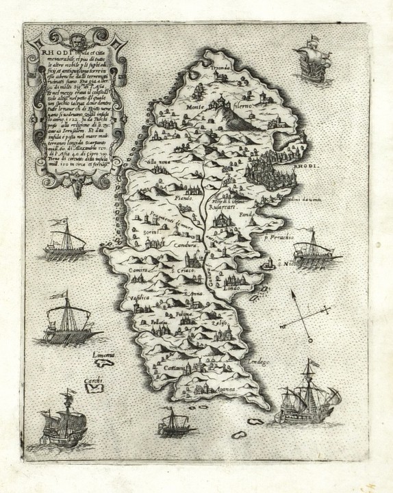 Rhodos, Řecko - Rhodi insula, mědirytina, mapa, Camocio, Isole Famose, 1571