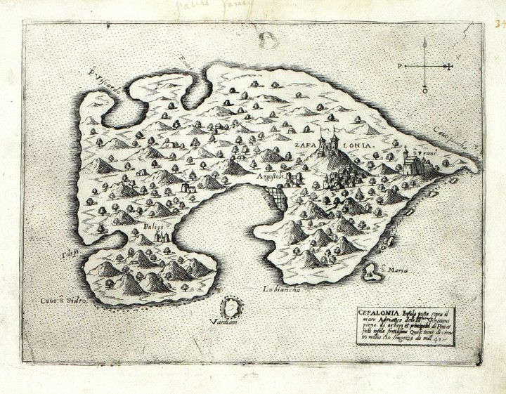 Cephalonia, Greece - Cefalonia Insula, copperplate map, Camocio, Isole Famose, 1571