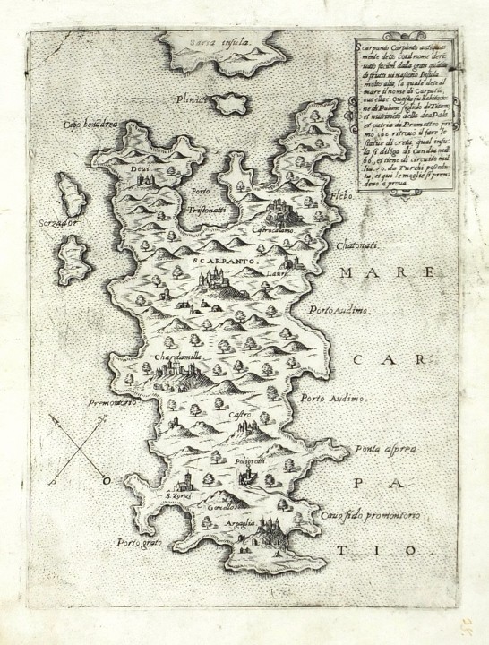 Karpathos, Griechenland - Scarapanto Carpanto Insula, Kupferstich Karte, Camocio, Isole Famose, 1571