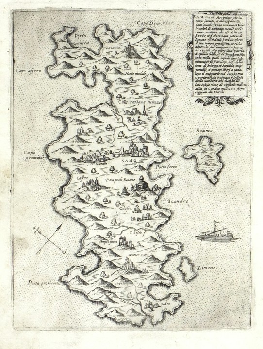 Samos, Greece - Samo nella Archipelago,  copperplate map, Camocio, Isole Famose, 1571