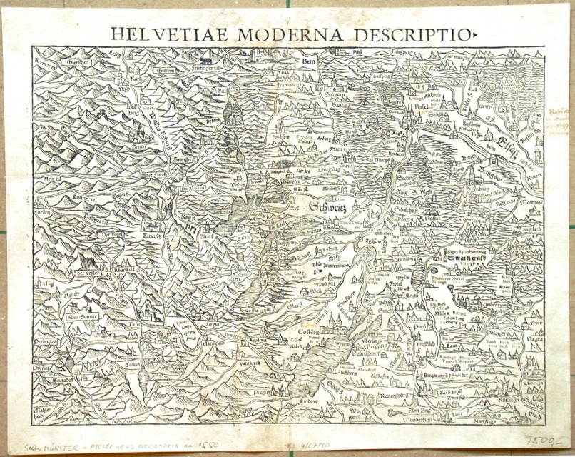 Die Schweiz - Helvetiae moderna descriptio, Holzschnitt Karte, Münster, 1550 - Verkauf alter Karten