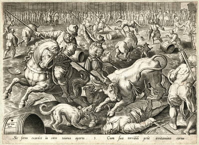 Býčí zápasy - Sic ferus exardet, mědirytina, Stradanus, Galle, 1600