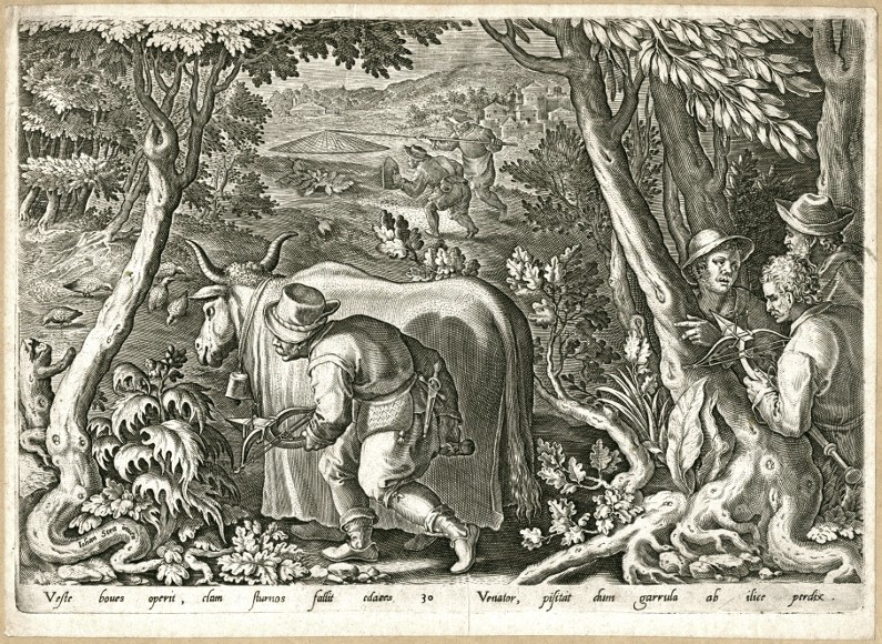 Partridge Hunt - Veste boues operit, copperplate, Stradanus, Galle, 1600