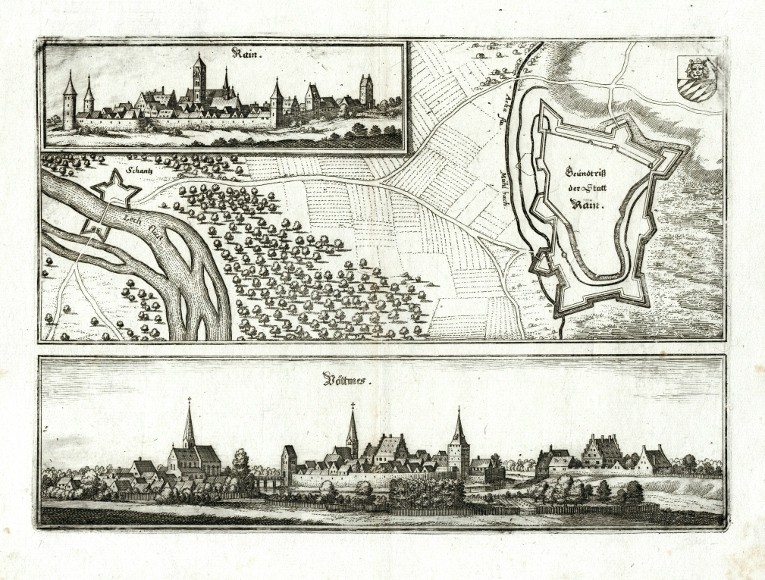 Rain a Pöttmes - Grundtriss der Statt Rain / Pöttmes, mědirytina, Merian, 1644