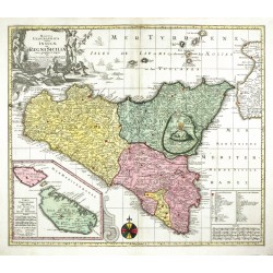 Sicílie, Malta - Mappa Geographica ... Regni Siciliae ... Isle de Malte, mědirytina, mapa, Lotter, 1750