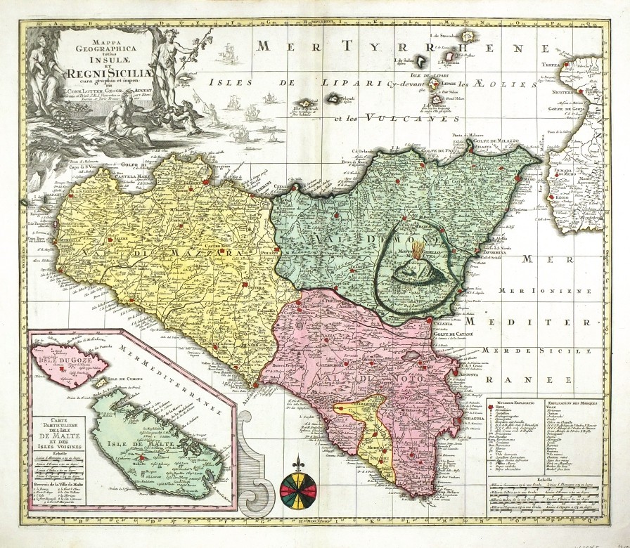 Sicily, Malta - Mappa Geographica ... Regni Siciliae ... Isle de Malte, copperplate map, Lotter, 1750
