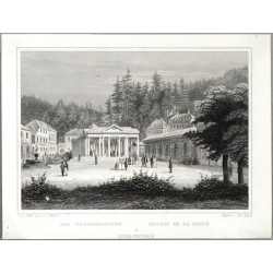 Mariánské Lázně. Křížový pramen - Der Kreuzbrunnen á Marienbad, ocelorytina, Würbs, Poppel, 1850