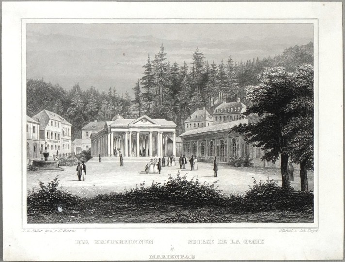 Mariánské Lázně. Křížový pramen - Der Kreuzbrunnen á Marienbad, ocelorytina, Würbs, Poppel, 1850