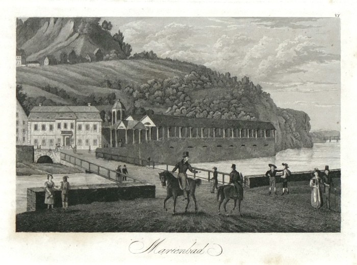 Karlovy Vary - kolonáda Nového pramane - Marienbad, ocelorytina, 1830