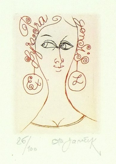 Ota Janeček - Dívka s naušnicemí - Exlibris Lyra Pragensis, lept, 1977