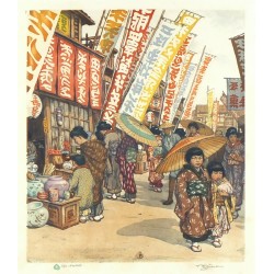 Tavík František Šimon - Obchodní ulice v Kiotu, Japonsko - barevný lept, 1928