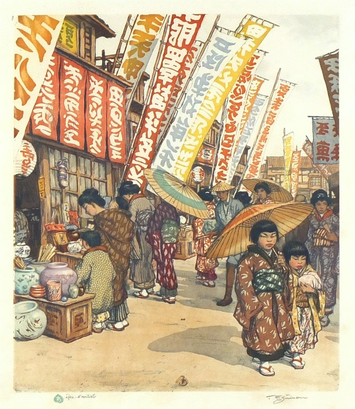 Tavík František Šimon - Obchodní ulice v Kiotu, Japonsko - barevný lept, 1928