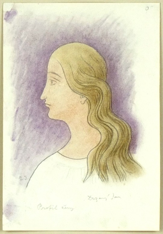 Jan Zrzavý - Profil ženy - kombinovaná technika - kresba tužkou a pastel, 50. léta