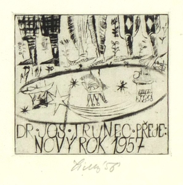 František Tichý - Dr. Jos. Trunec přeje Nový rok 1957, suchá jehla 1956