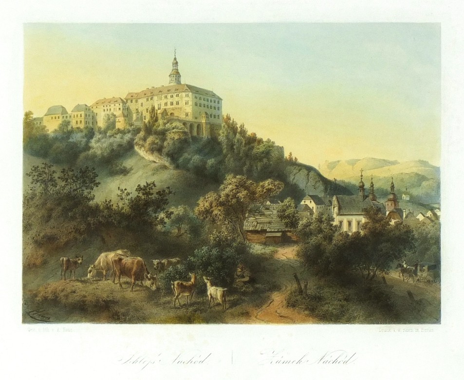 Náchod - Haun, kolorovaná litografie, 1860, Schloss Nachod. Zámek Náchod