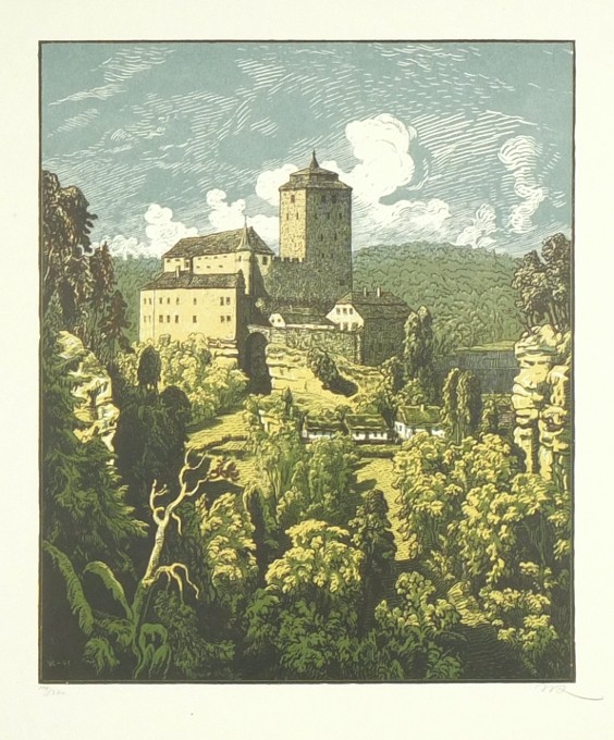 Karel Vik - Hrad Kost, barevný dřevoryt, 1941