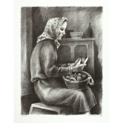 Antonín Homolka - Žena škrábající brambory, litografie, 1945