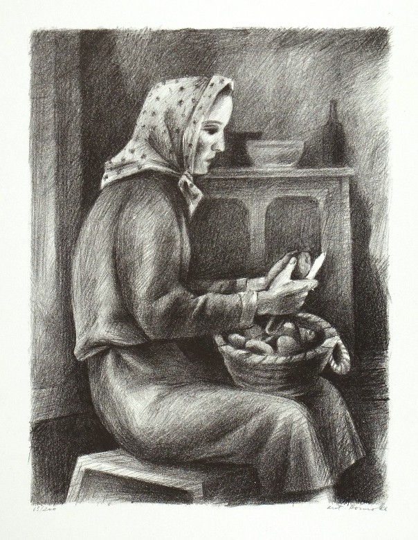 Antonín Homolka - Žena škrábající brambory, litografie, 1945