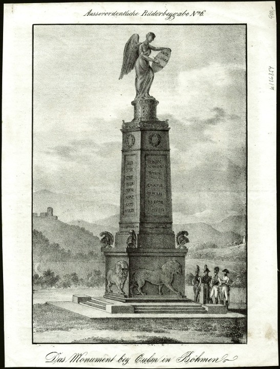 Chlumec - Přestanov - Ruský památník bitvy roku 1813, Napoleonské války, litografie, 1836