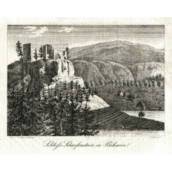 Hrad - zříceniny Ostrý (Šarfenštejn) - Schloss Scharfenstein in Böhmen, kamenorytina, Medau, 1845