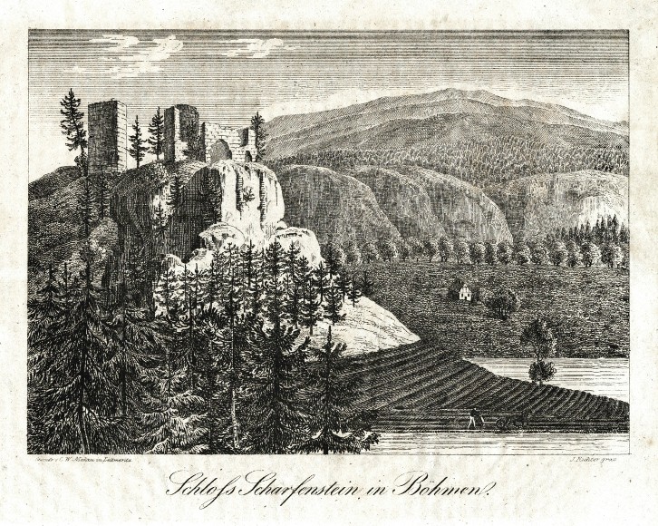Hrad - zříceniny Ostrý (Šarfenštejn) - Schloss Scharfenstein in Böhmen, kamenorytina, Medau, 1845