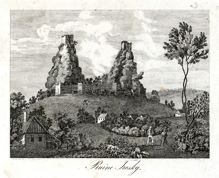 Hrad Trosky - Ruine Trosky, kamenorytina, Medau, 1845