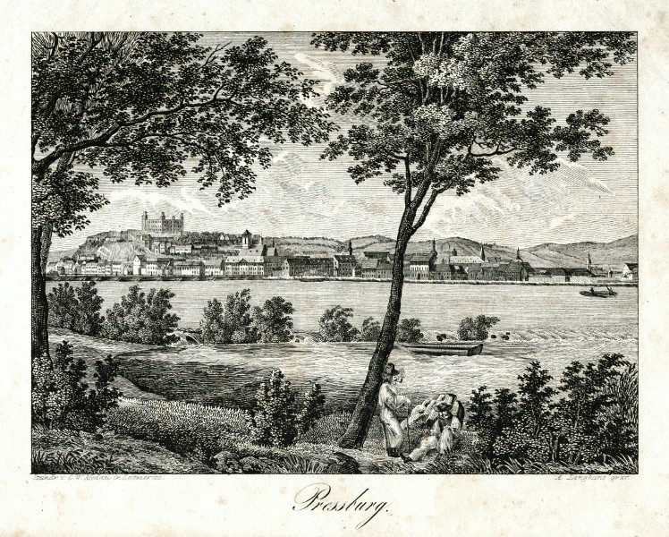 Bratislava - Pressburg, kamenorytina, Langhans, Medau, 1845