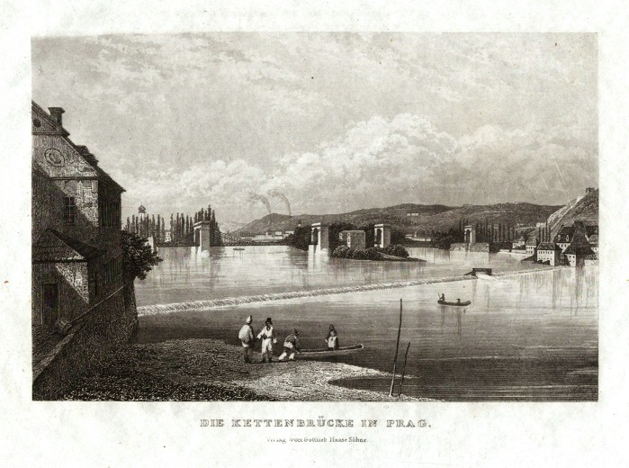 Praha - Most císaře Františka I. - Řetězový most, ocelorytina, G. Haase Söhne, 1840