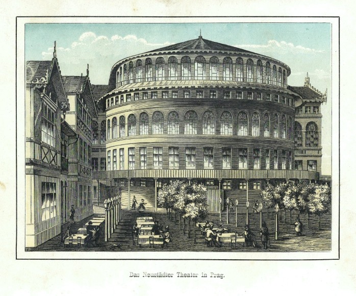 Praha - Novoměstské divadlo, Das Neustädter Theater in Prag, litografie, 1880