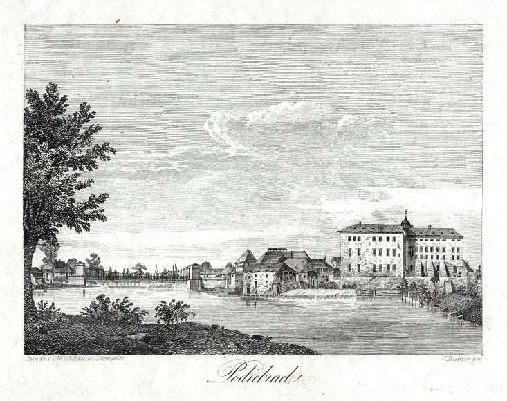 Poděbrady - Podiebrad, kamenorytina, Medau, 1845