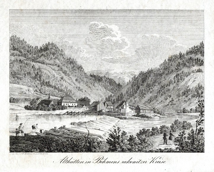Hýskov - Stará huť - Althütten in Böhmens rakonitzer Kreise, kamenorytina, Medau, 1845