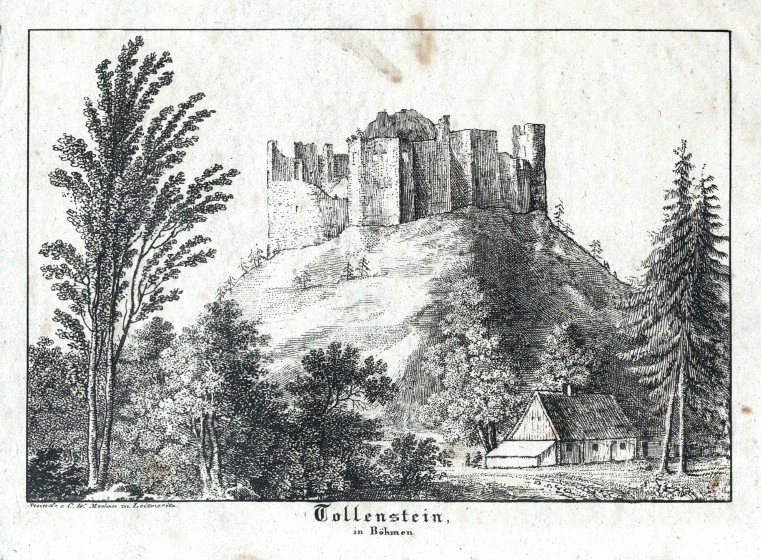 Tolštejn - hrad, zřícenina - Tollenstein in Böhmen, litografie, Medau, 1840