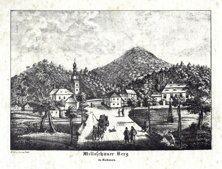 Milešovka - Milleschauer Berg in Böhmen, litografie, Kutschera, Medau, 1840